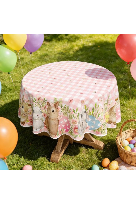 60x60 Inch Easter Tablecloth Pink Gingham with Bunnies & Eggs Print, Waterproof Outdoor Spring Party Decor Washable Round Table Cover