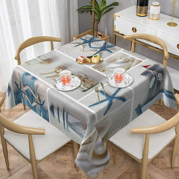 60x60 Inch Table Cloths for Square Tables, Seashell Starfish Lighthouse Tablecloth, Farmhouse Table Cover for Dining Table Waterproof Wipeable Tablecloths for Kitchen Dining Room Party