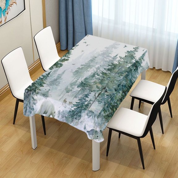 60x60 Inch Tablecloth Polyester Square Tablecloth for Home Kitchen Dinner Decor Green Snowy Forest Scene