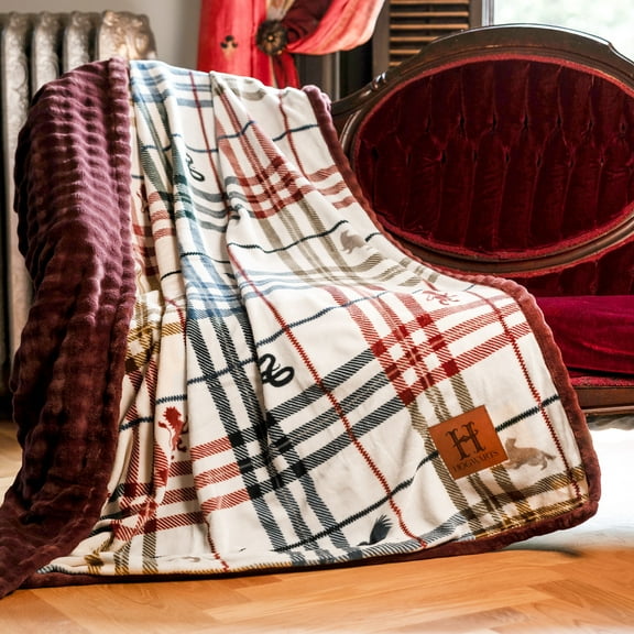 Harry Potter Academic Plaid Tartan Crest with Faux Leather Patch and Milky Mink Reverse Throw, 60x70 inches