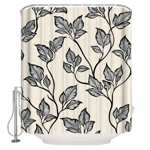 60x72 Inch Shower Curtains for Bathroom Beige Black Leaves Fabric Bath Curtain Decor Rustic Retro Botanical Branches Waterproof Restroom Curtains Shower Set Accessories with 12 Hooks 60 Inch
