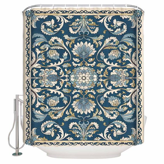 60x72 Inch Shower Curtains for Bathroom Blue Boho Flowers Fabric Bath Curtain Decor Country Vintage Abstract Floral Waterproof Restroom Curtains Shower Set Accessories with 12 Hooks 60 Inch