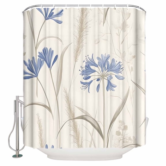 60x72 Inch Shower Curtains for Bathroom Blue Floral Botanical Fabric Bath Curtain Decor Rustic Beige Flowers Waterproof Restroom Curtains Shower Set Accessories with 12 Hooks 60 Inch