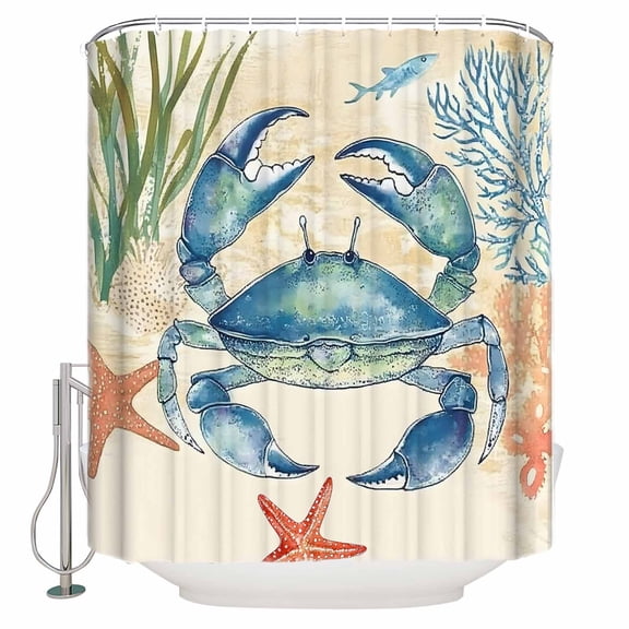 60x72 Inch Shower Curtains for Bathroom Blue Teal Crab Coastal Fabric Bath Curtain Decor Nautical Beach Coral Starfish Waterproof Restroom Curtains Shower Set Accessories with 12 Hooks 60 Inch