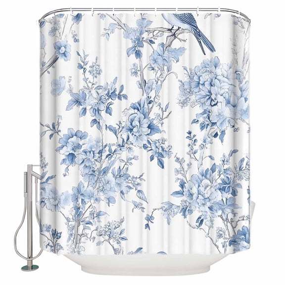 60x72 Inch Shower Curtains for Bathroom Blue White Flowers Fabric Bath Curtain Decor Spring Summer Floral Botanical Waterproof Restroom Curtains Shower Set Accessories with 12 Hooks 60 Inch