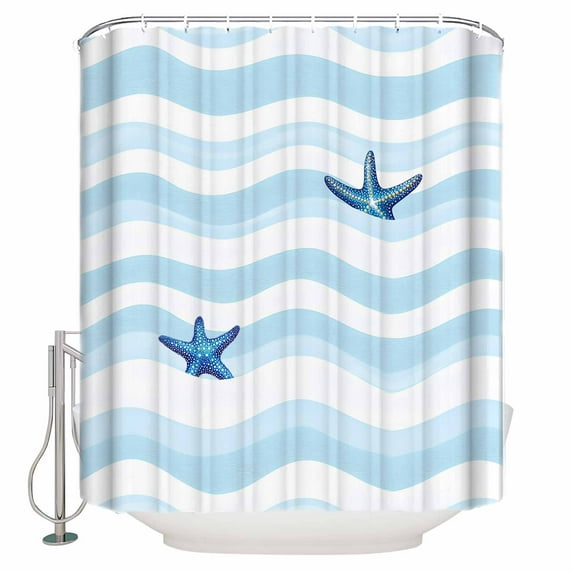 60x72 Inch Shower Curtains for Bathroom Blue White Striped Fabric Bath Curtain Decor Starfish Coastal Waves Waterproof Restroom Curtains Shower Set Accessories with 12 Hooks 60 Inch