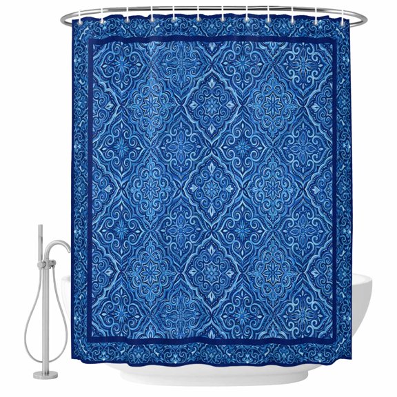 60x72 Inch Shower Curtains for Bathroom, Boho Blue Fabric Bath Curtain Decor, Ethnic Vintage Abstract Tribal Floral Art Waterproof Restroom Curtains Shower Set Accessories with 12 Hooks 60 Inch