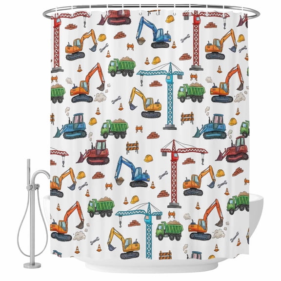 60x72 Inch Shower Curtains for Bathroom, Cartoon Construction Vehicle Fabric Bath Curtain Decor, Modern Excavator Crane Waterproof Restroom Curtains Shower Set Accessories with 12 Hooks 60 Inch