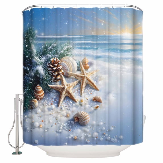 60x72 Inch Shower Curtains for Bathroom Christmas Beach Fabric Bath Curtain Decor Blue Shell Starfish Conch Pine Cone Snow Waterproof Restroom Curtains Shower Set Accessories with 12 Hooks 60 Inch