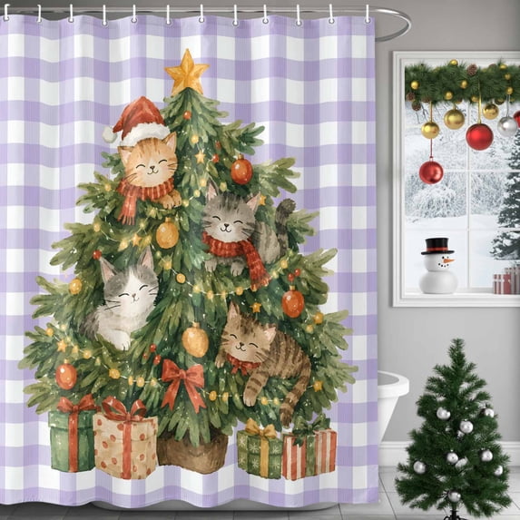 60x72 Inch Shower Curtains for Bathroom, Christmas Trees Fabric Bath Curtain Decor, Winter Xmas Balls Cute Cat Purple Plaid Waterproof Restroom Curtains Shower Set Accessories with 12 Hooks 60 Inch