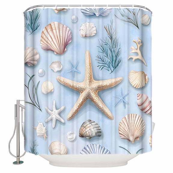 60x72 Inch Shower Curtains for Bathroom Coastal Starfish Fabric Bath Curtain Decor Blue Summer Beach Nautical Ocean Waterproof Restroom Curtains Shower Set Accessories with 12 Hooks 60 Inch