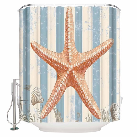 60x72 Inch Shower Curtains for Bathroom Coastal Starfish Fabric Bath Curtain Decor Summer Ocean Watercolor Stripe Waterproof Restroom Curtains Shower Set Accessories with 12 Hooks 60 Inch