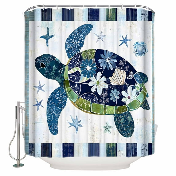 60x72 Inch Shower Curtains for Bathroom Coastal Turtle Fabric Bath Curtain Decor Summer Beach Starfish Nautical Blue Teal Waterproof Restroom Curtains Shower Set Accessories with 12 Hooks 60 Inch
