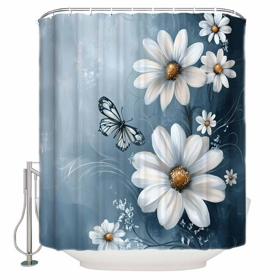 60x72 Inch Shower Curtains for Bathroom Elegant White Daisy Fabric Bath Curtain Decor Pastoral Farmhouse Butterfly Floral Waterproof Restroom Curtains Shower Set Accessories with 12 Hooks 60 Inch