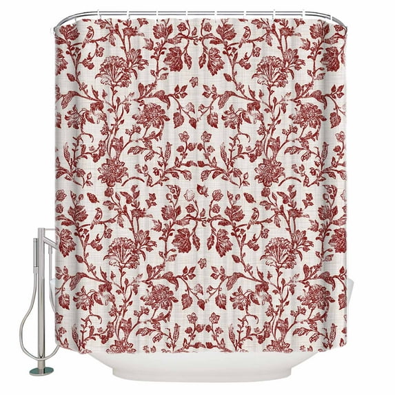 60x72 Inch Shower Curtains for Bathroom Farmhouse Red Fabric Bath Curtain Decor Vintage Flower Leaf Botanical Plant Waterproof Restroom Curtains Shower Set Accessories with 12 Hooks 60 Inch
