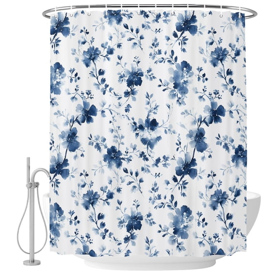 60x72 Inch Shower Curtains for Bathroom, Indigo Blue Wildflower Fabric Bath Curtain Decor, Classic Florals Farmhouse Botanical Restroom Curtains Shower Set Accessories with 12 Hooks 60 Inch