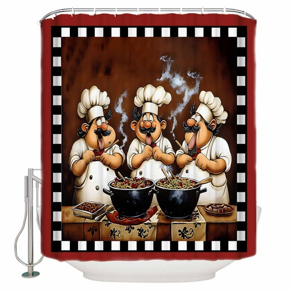 60x72 Inch Shower Curtains for Bathroom Kitchen Fat Chef Fabric Bath Curtain Decor Vintage Cook Gourmet Red Black Plaid Waterproof Restroom Curtains Shower Set Accessories with 12 Hooks 60 Inch