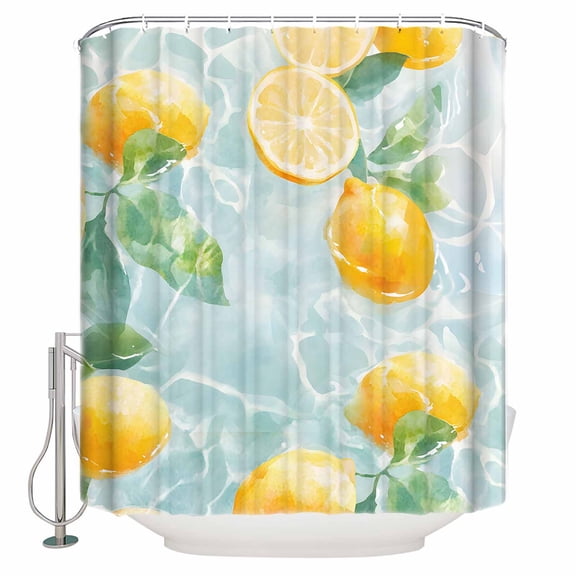 60x72 Inch Shower Curtains for Bathroom Lemon Fabric Bath Curtain Decor Yellow Fruit Watercolor Aqua Blue Lake Summer Waterproof Restroom Curtains Shower Set Accessories with 12 Hooks 60 Inch