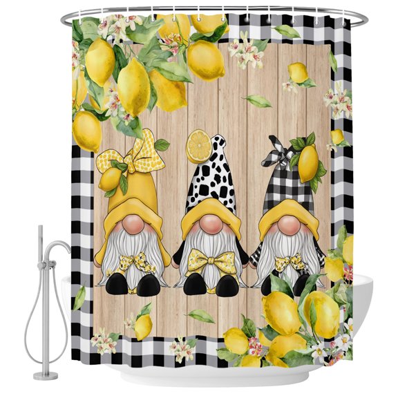 60x72 Inch Shower Curtains for Bathroom, Lemon Gnomes Fabric Bath Curtain Decor, Black Plaid Summer Fruits Botanical Vintage Waterproof Restroom Curtains Shower Set Accessories with 12 Hooks 60 Inch