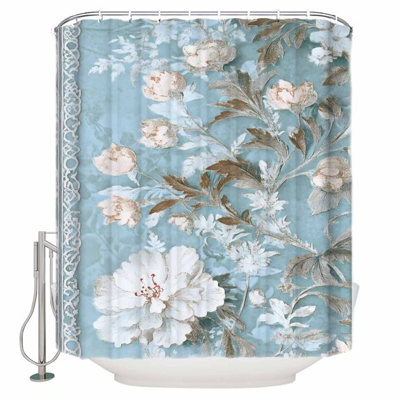 60x72 Inch Shower Curtains for Bathroom Light Blue White Floral Fabric Bath Curtain Decor Retro Botanical Flower Waterproof Restroom Curtains Shower Set Accessories with 12 Hooks 60 Inch