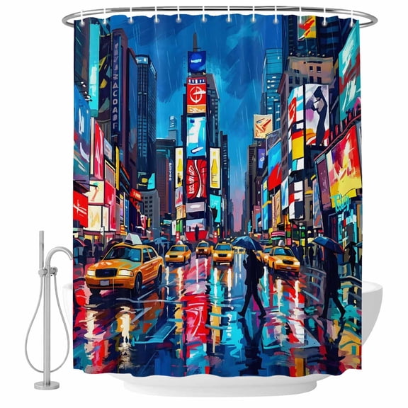 60x72 Inch Shower Curtains for Bathroom, Modern Urban Fabric Bath Curtain Decor, Abstract Oil Painting Skyscrapers Blue Waterproof Restroom Curtains Shower Set Accessories with 12 Hooks 60 Inch