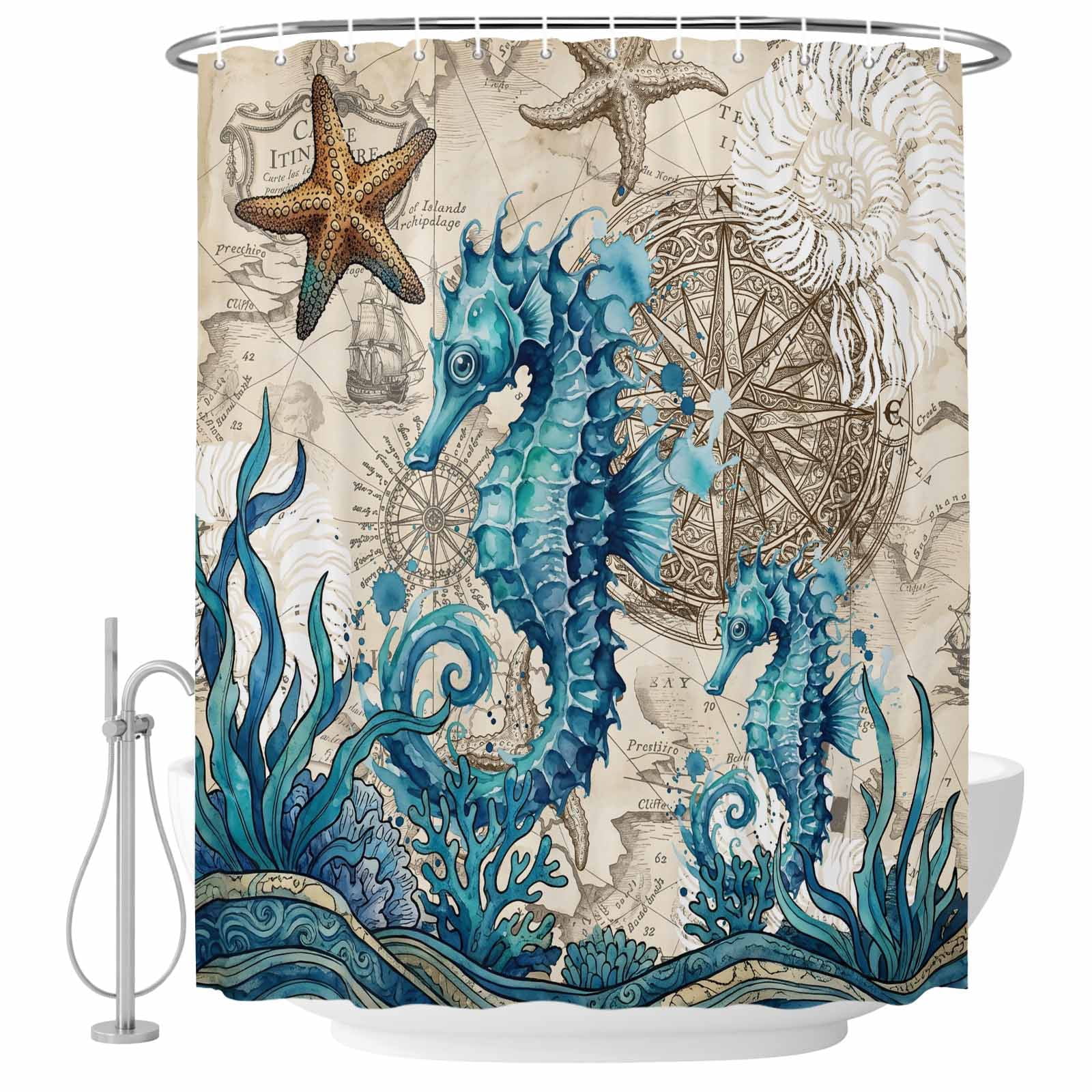 60x72 Inch Shower Curtains for Bathroom, Nautical Coastal Bath Curtain ...
