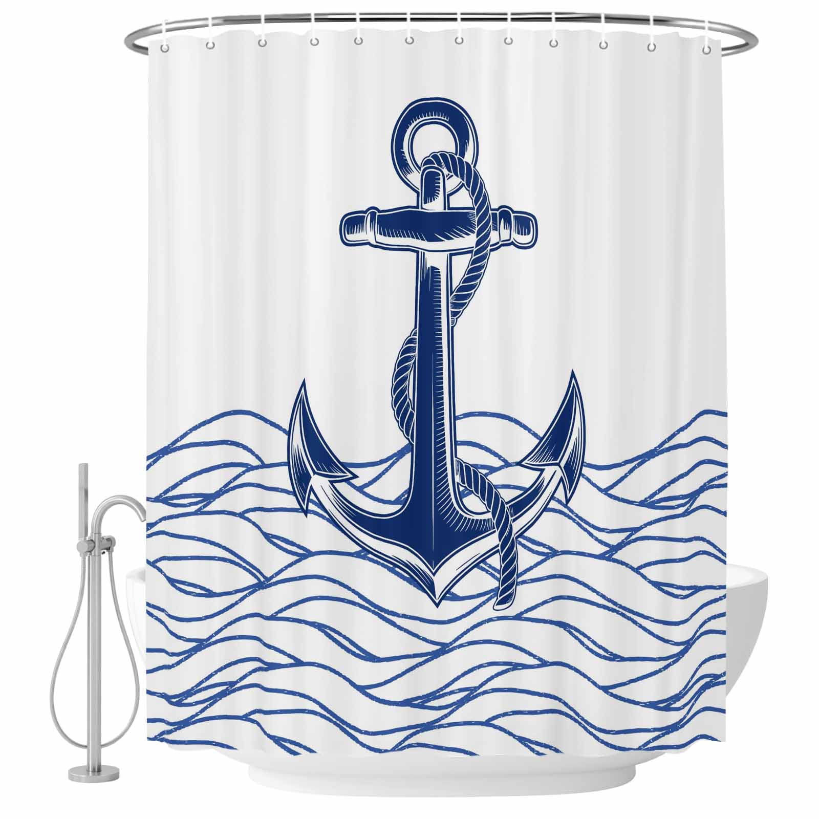 60x72 Inch Shower Curtains for Bathroom, Navy Blue Anchor Fabric Bath ...