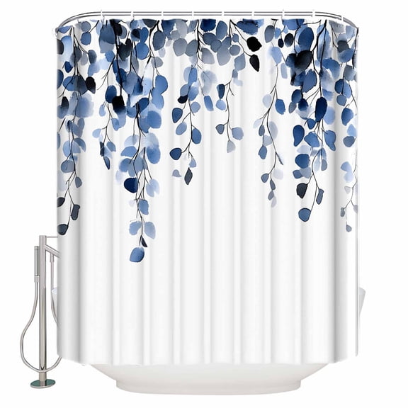 60x72 Inch Shower Curtains for Bathroom Navy Blue Eucalyptus Leaves Fabric Bath Curtain Decor Summer Watercolor Leaf Waterproof Restroom Curtains Shower Set Accessories with 12 Hooks 60 Inch