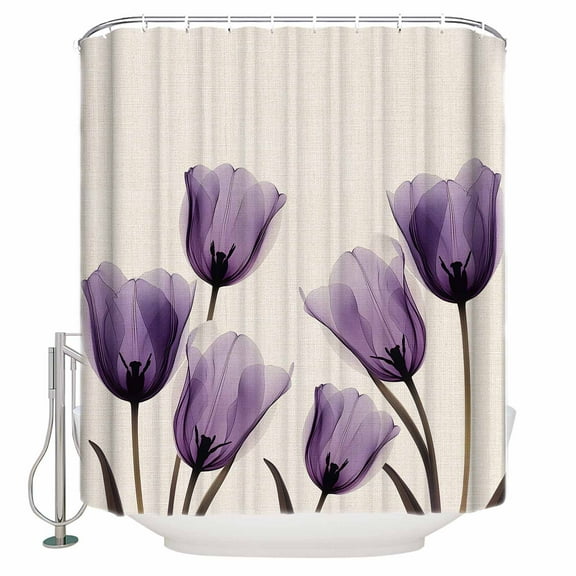 60x72 Inch Shower Curtains for Bathroom Purple Tulip Flower Fabric Bath Curtain Decor Aesthetics Farmhouse Floral Plant Waterproof Restroom Curtains Shower Set Accessories with 12 Hooks 60 Inch