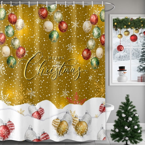 60x72 Inch Shower Curtains for Bathroom, Red Green Christmas Fabric Bath Curtain Decor, Xmas Ball Snowflake Winter Waterproof Restroom Curtains Shower Set Accessories with 12 Hooks 60 Inch