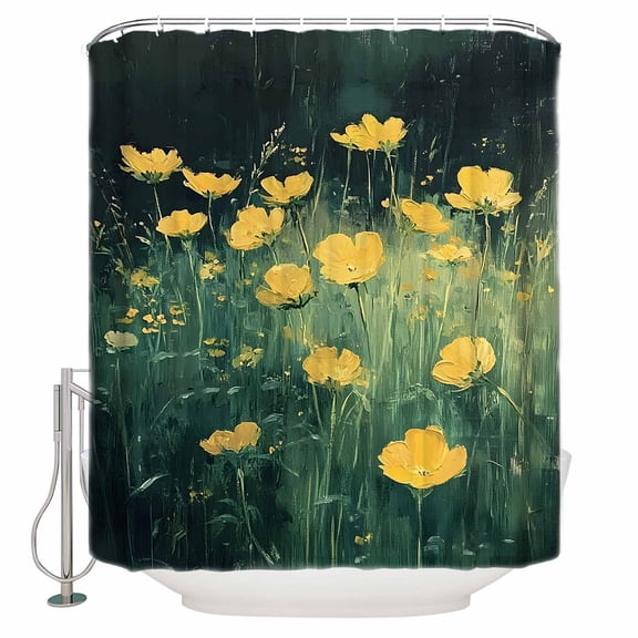 60x72 Inch Shower Curtains for Bathroom Spring Floral Fabric Bath Curtain Decor Modern Oil Painting Yellow Botanical Green Waterproof Restroom Curtains Shower Set Accessories with 12 Hooks 60 Inch