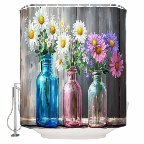 60x72 Inch Shower Curtains for Bathroom Spring Floral Fabric Bath Curtain Decor White Daisy Vintage Flowers Wooden Waterproof Restroom Curtains Shower Set Accessories with 12 Hooks 60 Inch