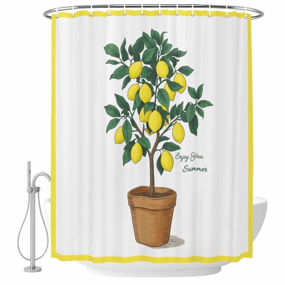 60x72 Inch Shower Curtains for Bathroom, Summer Lemon Fabric Bath Curtain Decor, Yellow Potted Plant Green Botanical Waterproof Restroom Curtains Shower Set Accessories with 12 Hooks 60 Inch