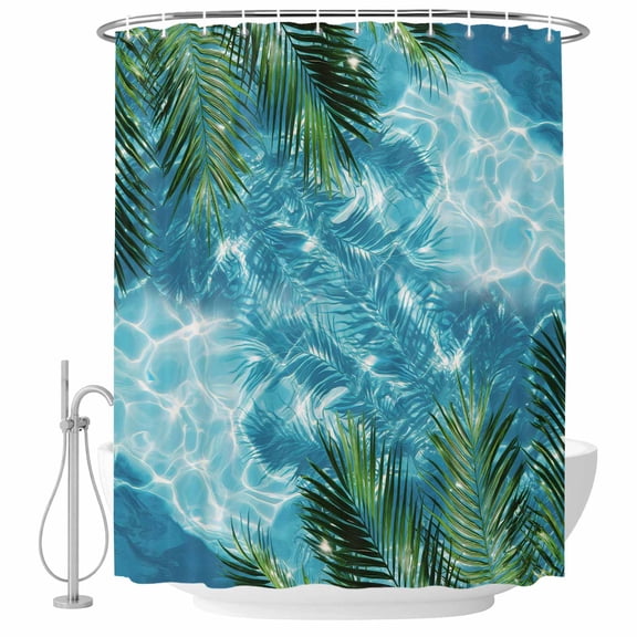 60x72 Inch Shower Curtains for Bathroom, Summer Pool Fabric Bath Curtain Decor, Tropical Palm Leaves Sunlight Ripple Waterproof Restroom Curtains Shower Set Accessories with 12 Hooks 60 Inch
