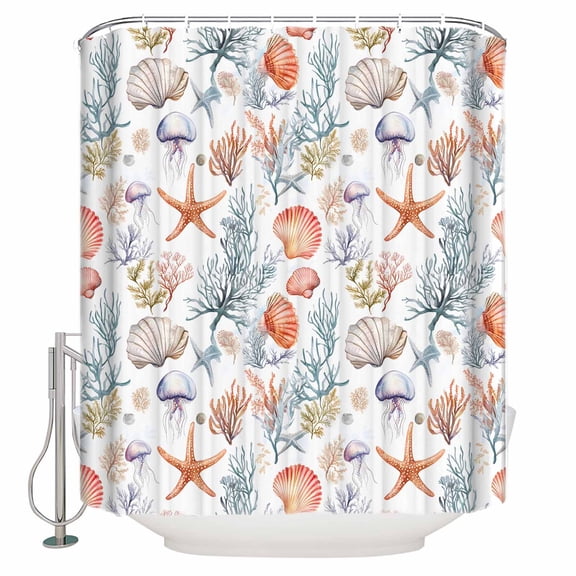 60x72 Inch Shower Curtains for Bathroom Summer Starfish Conch Fabric Bath Curtain Decor Vintage Ocean Jellyfish Coral Waterproof Restroom Curtains Shower Set Accessories with 12 Hooks 60 Inch