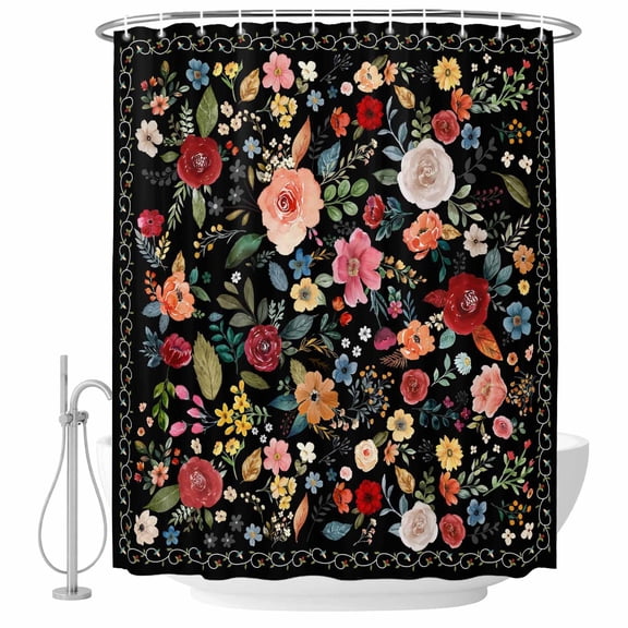 60x72 Inch Shower Curtains for Bathroom, Watercolor Flowers Fabric Bath Curtain Decor, Farmhouse Floral Vintage Black Waterproof Restroom Curtains Shower Set Accessories with 12 Hooks 60 Inch