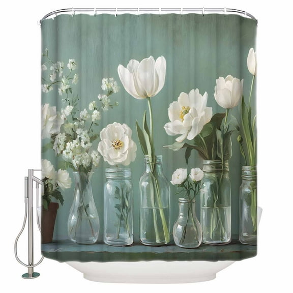 60x72 Inch Shower Curtains for Bathroom White Camellia Fabric Bath Curtain Decor Farm Flowers Retro Green Modern Art Waterproof Restroom Curtains Shower Set Accessories with 12 Hooks 60 Inch