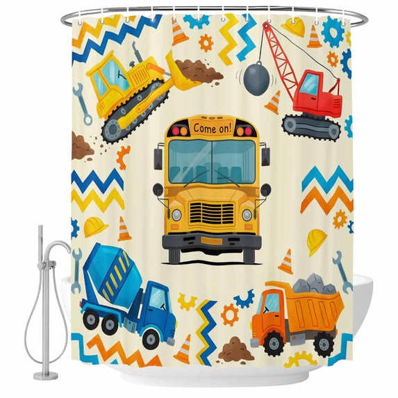 60x72 Inch Shower Curtains for Bathroom, Yellow Cartoon Truck Fabric Bath Curtain Decor, Cute Engineering Vehicle Waterproof Restroom Curtains Shower Set Accessories with 12 Hooks 60 Inch