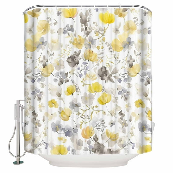 60x72 Inch Shower Curtains for Bathroom Yellow Grey Botanical Fabric Bath Curtain Decor Spring Floral Watercolor Waterproof Restroom Curtains Shower Set Accessories with 12 Hooks 60 Inch