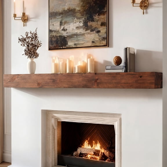 60x7x3 inch Fireplace Mantel - Handcrafted Hollow Rustic Solid Wood Wall Mounted Floating Shelf with Invisible Heavy Duty Wood Bracket