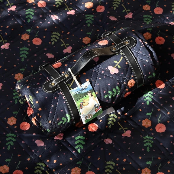 60x80 Double Thickened Picnic Blankets(150g High Density Cotton Stuffed) Navy Blue Floral Pattern Outdoor Picnic Mat Portable Picnic Blanket Foldable with Leather Carry Strap Beach Blanket