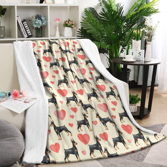 60x80 Inch Flannel Fleece Blanket for Men, Women & Kids, Soft, Lightweight, All-Season,Doberman Heart Watercolor Beige Pattern