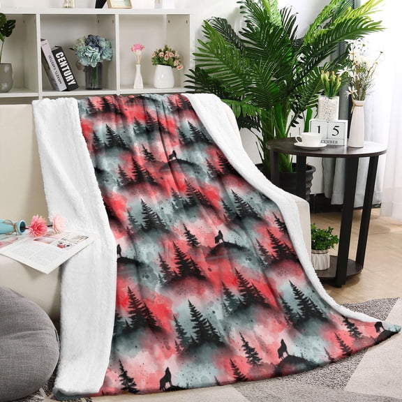 60x80 Inch Flannel Fleece Blanket for Men, Women & Kids, Soft, Lightweight, All-Season,Wolf Watercolor Forest Red Pattern