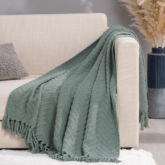 60x80 Inch Sage Green Knit Chenille Throw Blanket Textured Tassel Design Soft Warm for Couch Bed