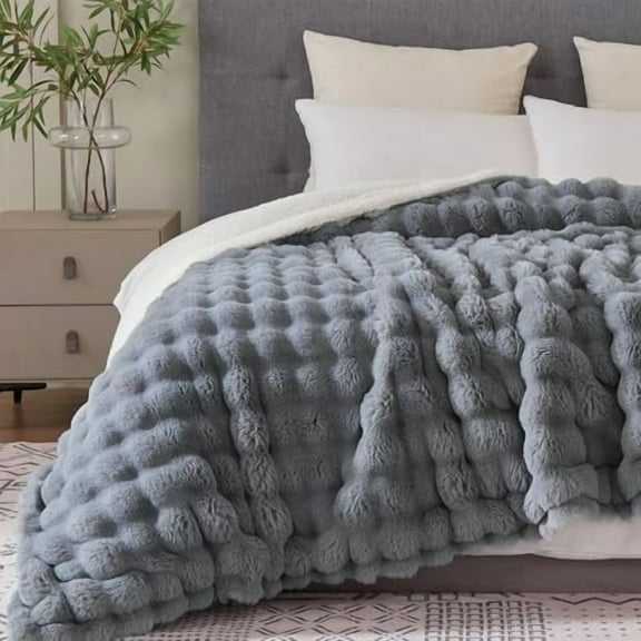 60x80 Inches Ultra-Soft Fuzzy Faux Fur Plush Twin Size Blanket - Thick, Warm Sherpa for Couch, Sofa, Bedroom, Camping - Decorative Blanket for Cozy Warmth, Bubble Grey
