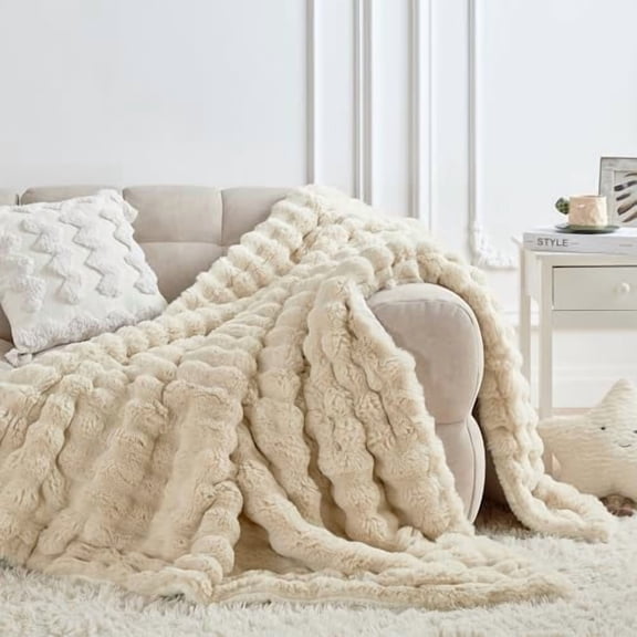 60x80 Inches Ultra-Soft Fuzzy Faux Fur Plush Twin Size Blanket - Thick, Warm Sherpa for Couch, Sofa, Bedroom, Camping - Decorative Blanket for Cozy Warmth, Bubble Khaki