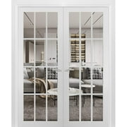 60x80 Solid French Double Clear Glass Doors 12 Lites | Felicia 3355 White Silk | Wood Regural Panel Frame Trims | Bathroom Bedroom Sturdy Doors