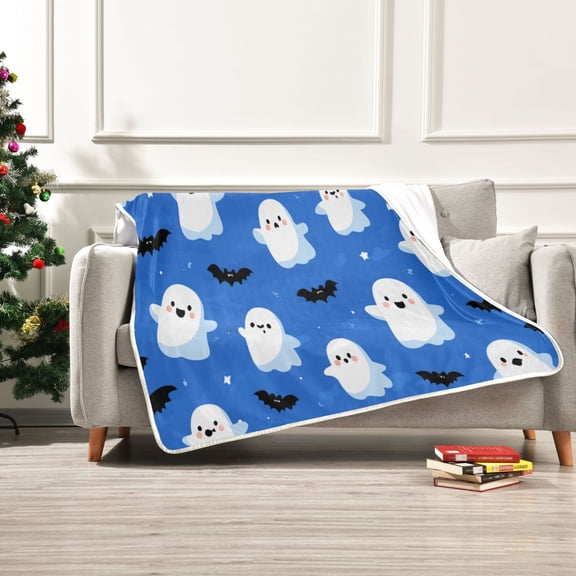 60x80 inch Crystal Fleece & Arctic Fleece Blanket Soft Bed Throws for Home or Camping Blue Background with Ghost Pattern