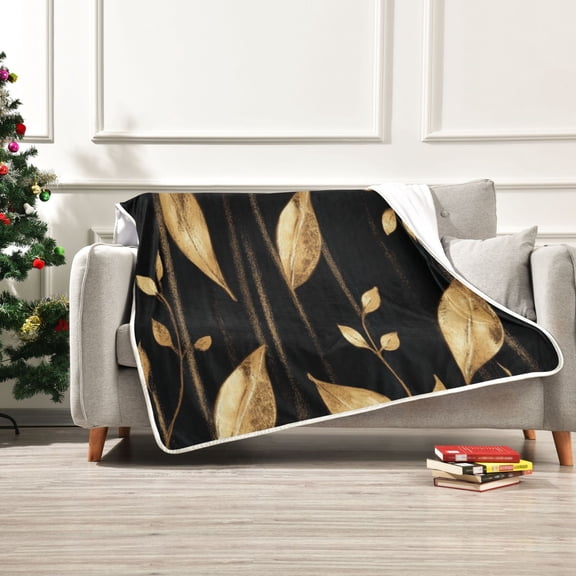 60x80 inch Crystal Fleece & Arctic Fleece Blanket Soft Bed Throws for Home or Camping Delicate Gold Leaf Pattern