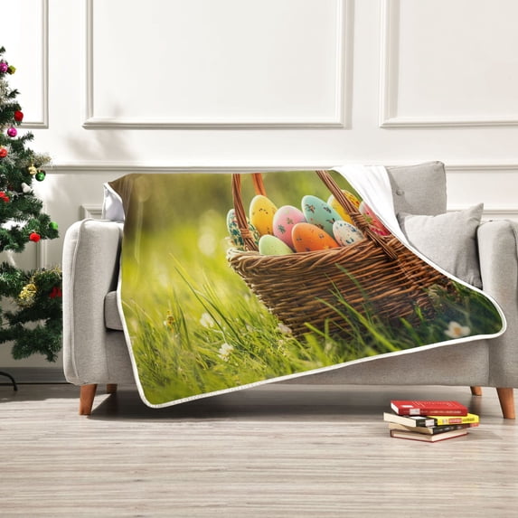 60x80 inch Crystal Fleece & Arctic Fleece Blanket Soft Bed Throws for Home or Camping Easter Basket with Colorful Eggs